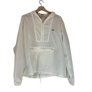 IZOD Lacoste Vintage White Quarter Zip Hooded Windbreaker with Pouch Pocket